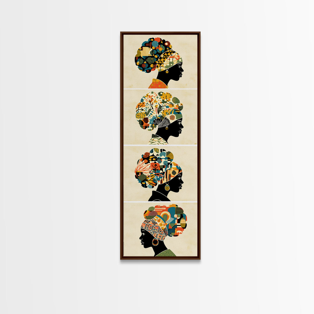 Four Floral Headwrap African Women Wall Art, Black Woman Silhouette Canvas Print, Afrocentric Ankara Decor Art Gift For Her