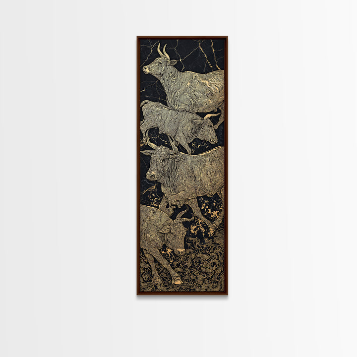 Gold Line African Cattle On Black Marble Framed Canvas Print, Tribal Animal Wall Decor, Luxury Safari Farmhouse Art Gift