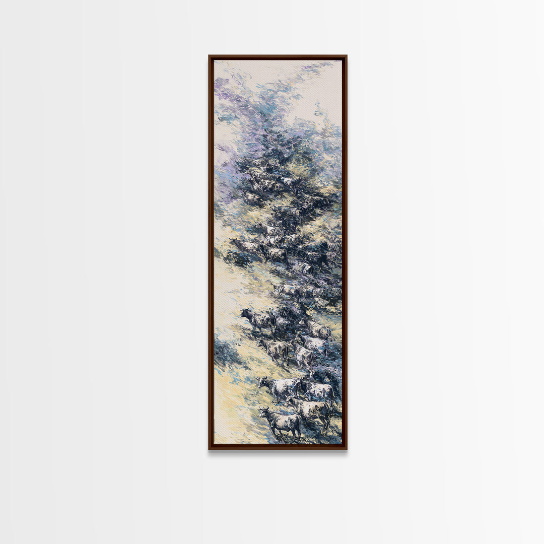 Blue Winter African Tree With Grazing Cattle Wall Art, Serene Safari Landscape, Nature Scene Home Decor For Modern Farmhouse