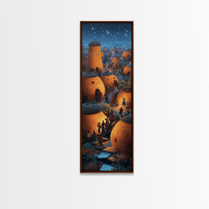 Glowing African Village At Starlit Night With Clay Huts Canvas Print, Afrocentric Wall Decor, Magical Motherland Home Art