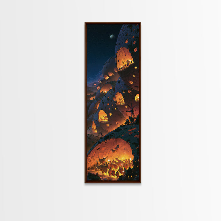 Futuristic African Dome City With Glowing Lanterns Wall Art, Afrofuturism Decor, Starry Night Sci Fi Landscape Print For Home Decor
