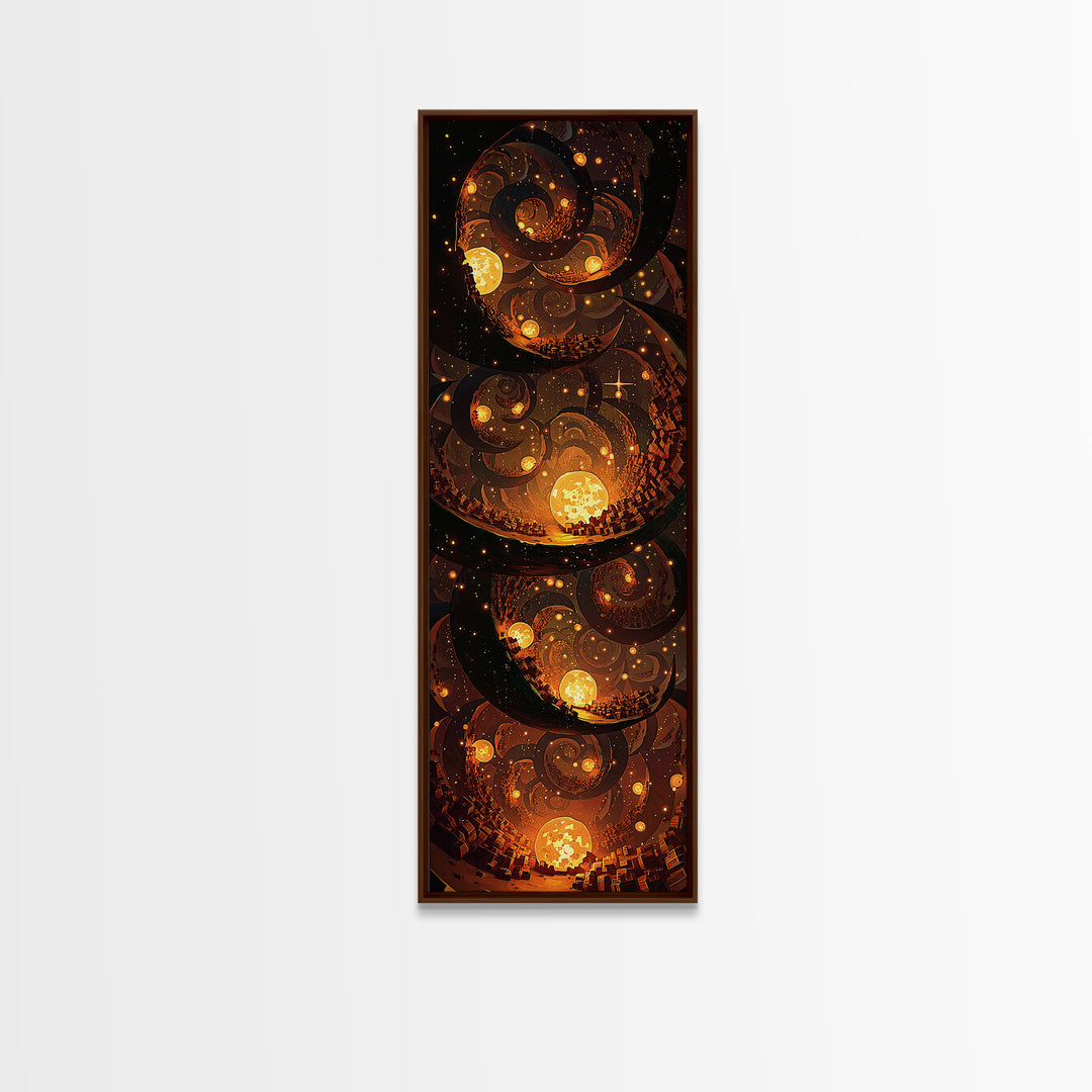 Golden Spiral Suns In A Mystical Night Sky, Canvas Print, Abstract Wall Art, Spiritual Decor, Bohemian Home Decor Gift For Bedroom