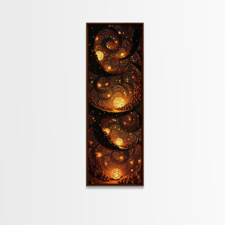 Golden Spiral Suns In A Mystical Night Sky, Canvas Print, Abstract Wall Art, Spiritual Decor, Bohemian Home Decor Gift For Bedroom