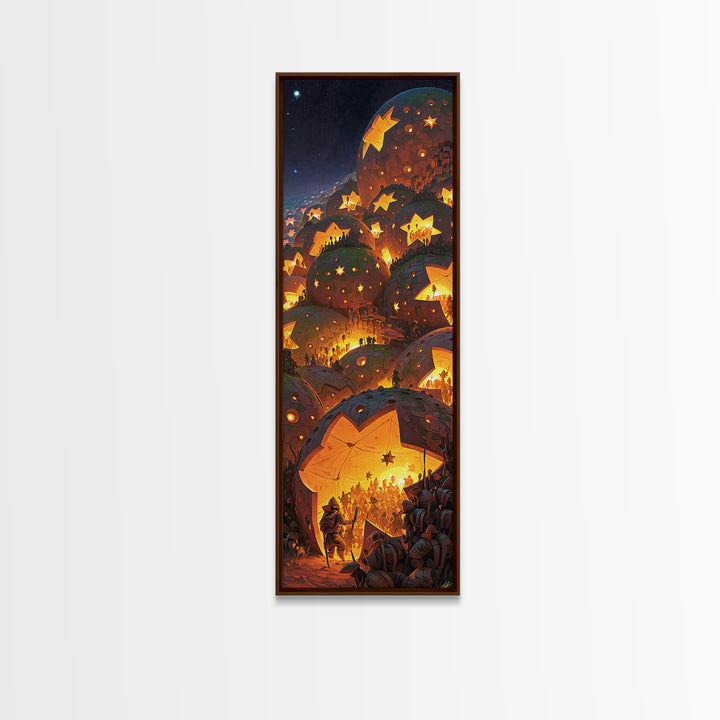Glowing Star Lantern Village In Dreamy Mountains, Canvas Print, Wall Art, Cozy Night Decor, Magical Living Room Artwork Gift