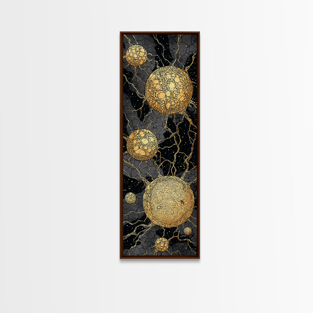 Cracked Golden Spheres With Marble Veins, Framed Canvas Print, Abstract Wall Art, Black And Gold Decor, Luxury Artwork For Home