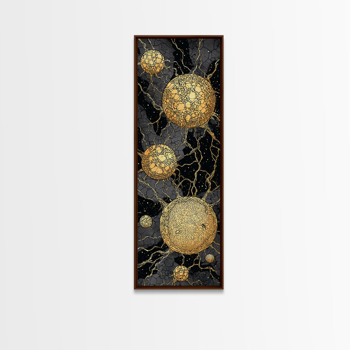 Cracked Golden Spheres With Marble Veins, Framed Canvas Print, Abstract Wall Art, Black And Gold Decor, Luxury Artwork For Home