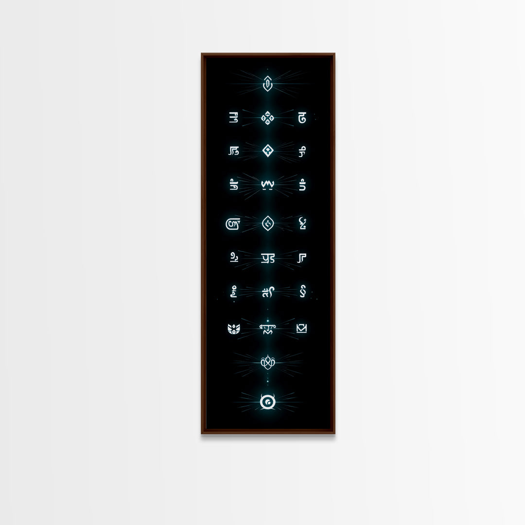 Glowing Cyan Mystic Glyphs Wall Art, Afrocentric Abstract Symbols, Spiritual Minimalist Black Decor, Modern Tribal Canvas Print