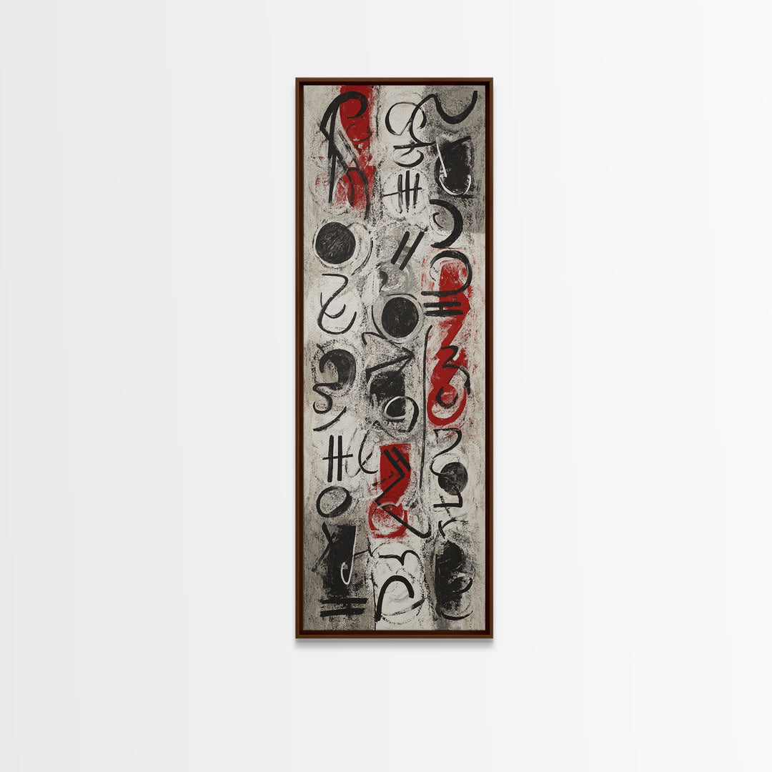 Red Black Abstract Glyphs Canvas Print, African Inspired Symbols, Modern Tribal Wall Decor, Bold Contemporary Art For Living Room