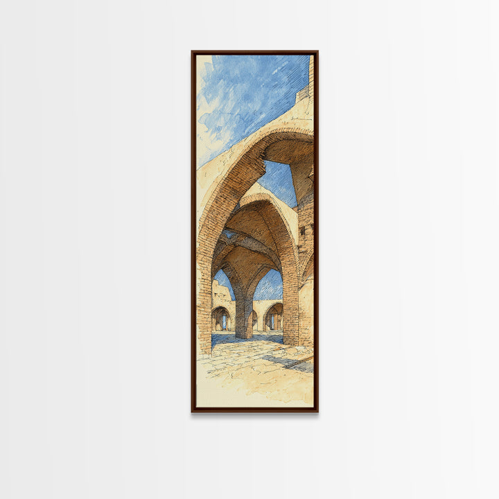Sunlit Stone Arches Canvas Print, Morocco Africa Architecture Wall Art, Blue Beige Travel Decor, Bohemian Home Art For Living Rooms