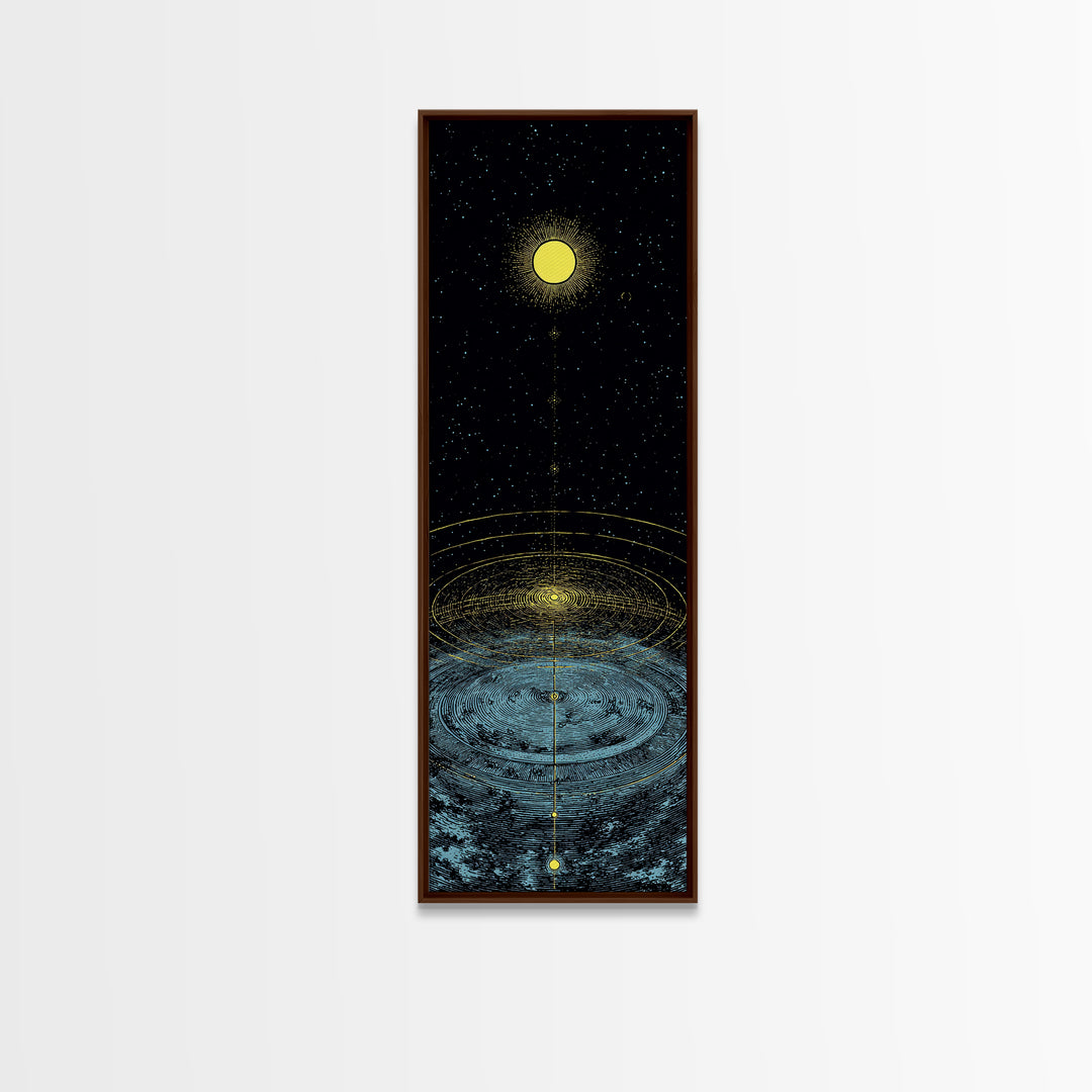 Golden Moon Over Cosmic Water Wall Art, Spiritual Celestial Abstract, Meditation Room Decor, Modern Black Canvas Print Gift