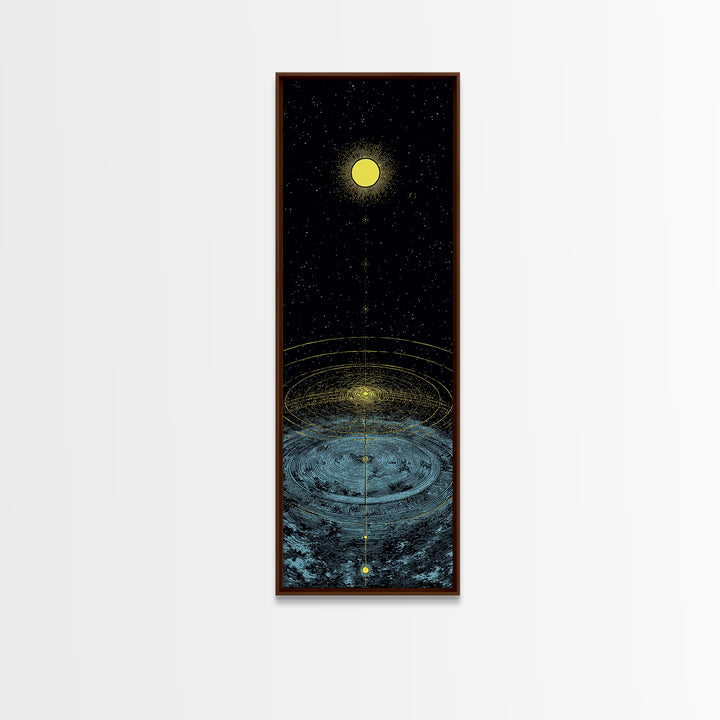 Golden Moon Over Cosmic Water Wall Art, Spiritual Celestial Abstract, Meditation Room Decor, Modern Black Canvas Print Gift