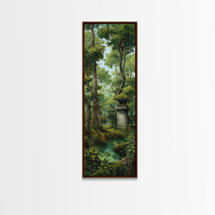 Ancient Jungle Shrine And Emerald Stream Wall Art, Mystical Forest Landscape, Nature Scene, Green Botanical Home Decor Print