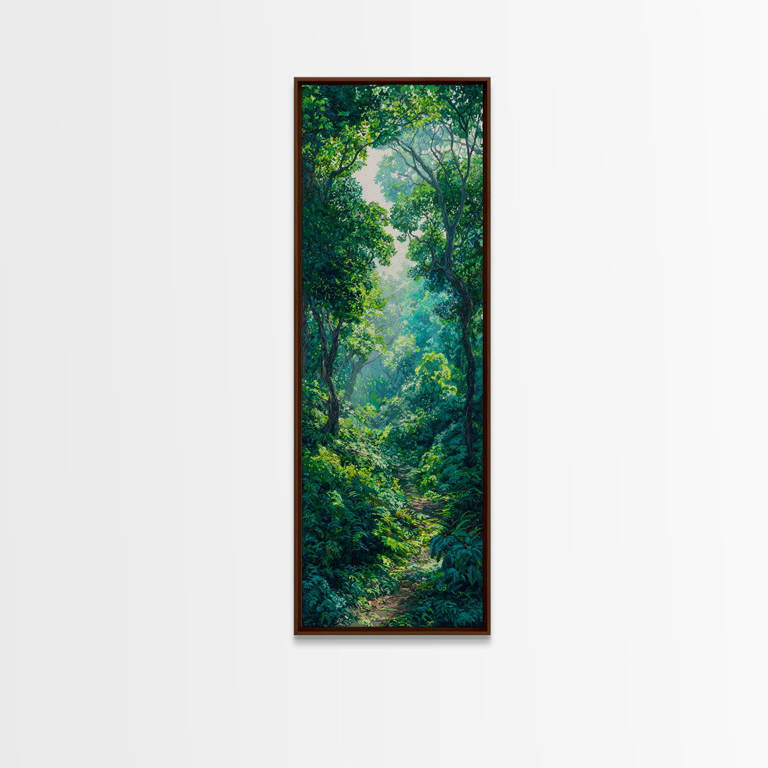 Sunlit Rainforest Path With Lush Green Leaves Framed Canvas Print, Jungle Decor, Nature Scene, Dreamy Wall Art Gift For Living Room