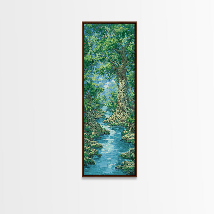 Ancient Tree River Path Through Emerald Forest Wall Art, Nature Scene, Green Landscape, Dreamy Jungle Decor For Home Print
