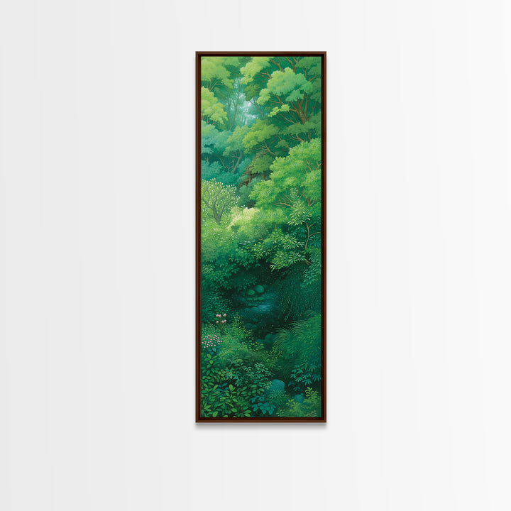 Verdant Hidden Creek And Soft Green Canopy Framed Canvas Print, Botanical Wall Art, Nature Scene, Calming Forest Decor Gift