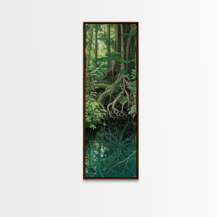 Cypress Roots Reflected In Dark Forest Water Canvas Print, Swamp Landscape Wall Art, Nature Scene, Rustic Green Decor Gift