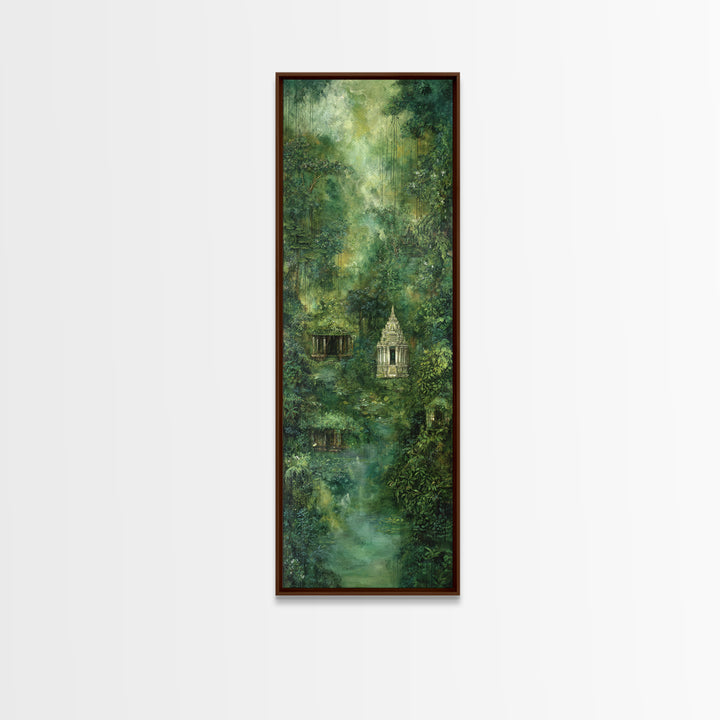 Misty Rainforest Temple With Hanging Vines Wall Art, Ancient Jungle Shrine, Spiritual Nature Scene, Green Home Decor Print