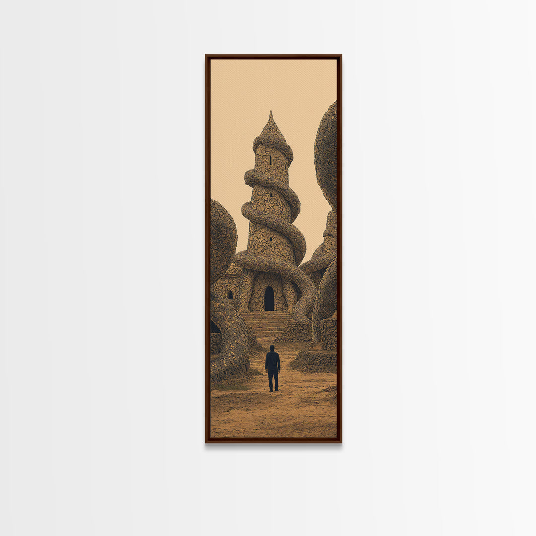 Surreal Sand Castle Tower With Lone Traveler Wall Art, Fantasy Architecture Print, Earth Tone Decor, Statement Piece Gift