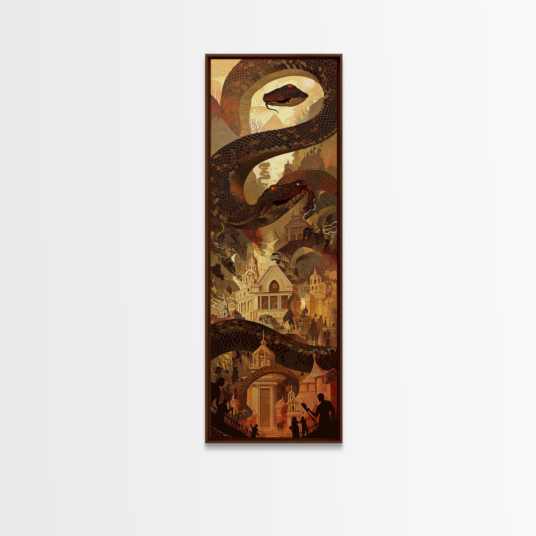 Giant Serpent Over Golden Fantasy City Wall Art, Mystical Statement Decor, Dark Academia Large Canvas Artwork For Living Room