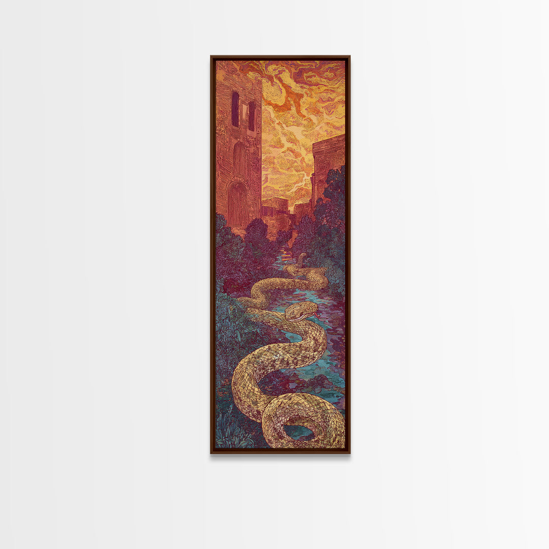 Golden Serpent Through Cathedral Garden Wall Art, Mystical Landscape Decor, Fantasy City Large Canvas Artwork For Home Gift