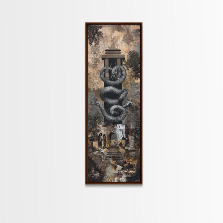 Black Serpent Coiled Around Ancient Monument Framed Canvas Print, Mystical Wall Art, Gothic Ruins Decor For Living Room Gift