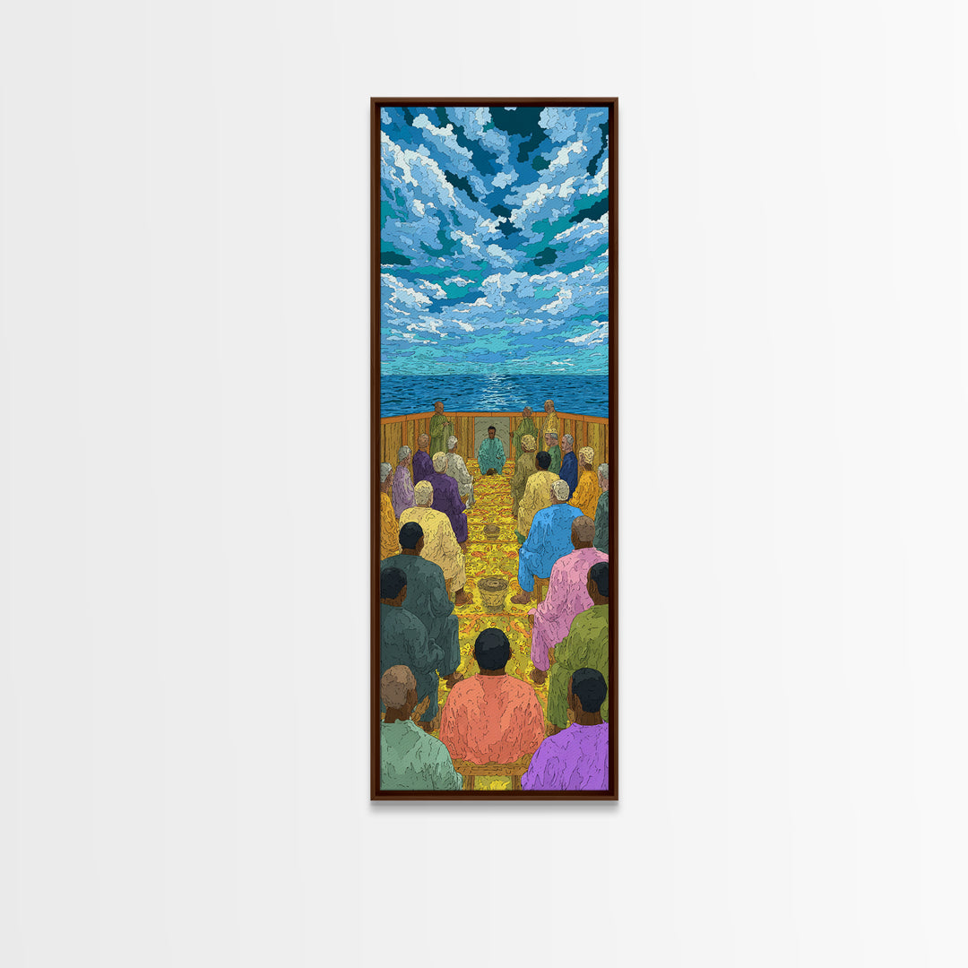 Ocean Baptism Gathering Under Blue Sky Canvas Print, African Spiritual Wall Decor, Coastal Church Art, Serene Home Gift, Calm Decor