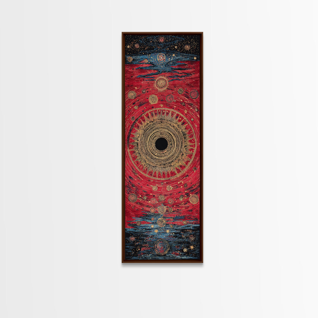 Red Gold Celestial Vortex Mandala Canvas Print, Abstract African Inspired Wall Art, Mystical Boho Decor For Spiritual Room