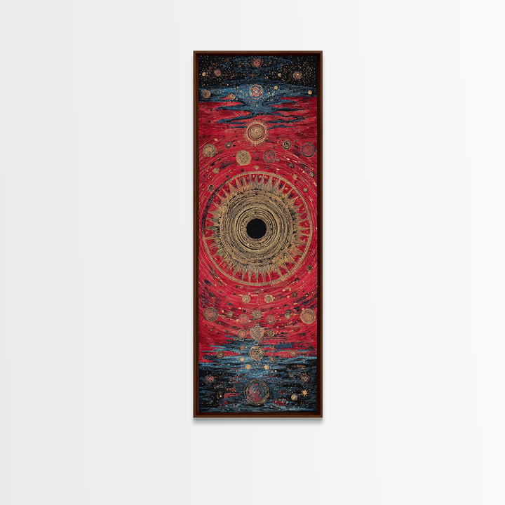 Red Gold Celestial Vortex Mandala Canvas Print, Abstract African Inspired Wall Art, Mystical Boho Decor For Spiritual Room