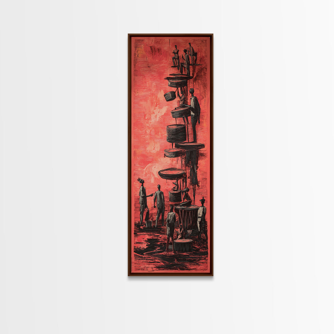 Red Surreal Figures Climbing Stacked Paths Wall Art, African Abstract Story Print, Modern Black Culture Decor Canvas For Office