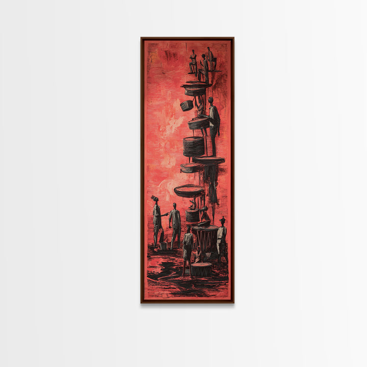 Red Surreal Figures Climbing Stacked Paths Wall Art, African Abstract Story Print, Modern Black Culture Decor Canvas For Office
