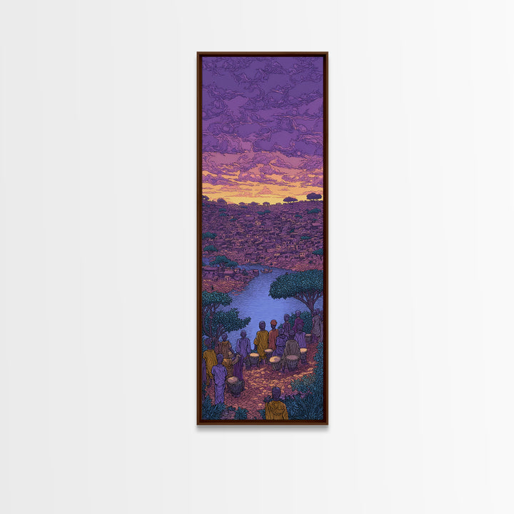 Purple African River City Sunset Wall Art, African Landscape Painting Print, Cultural Home Decor Canvas For Living Room Gift