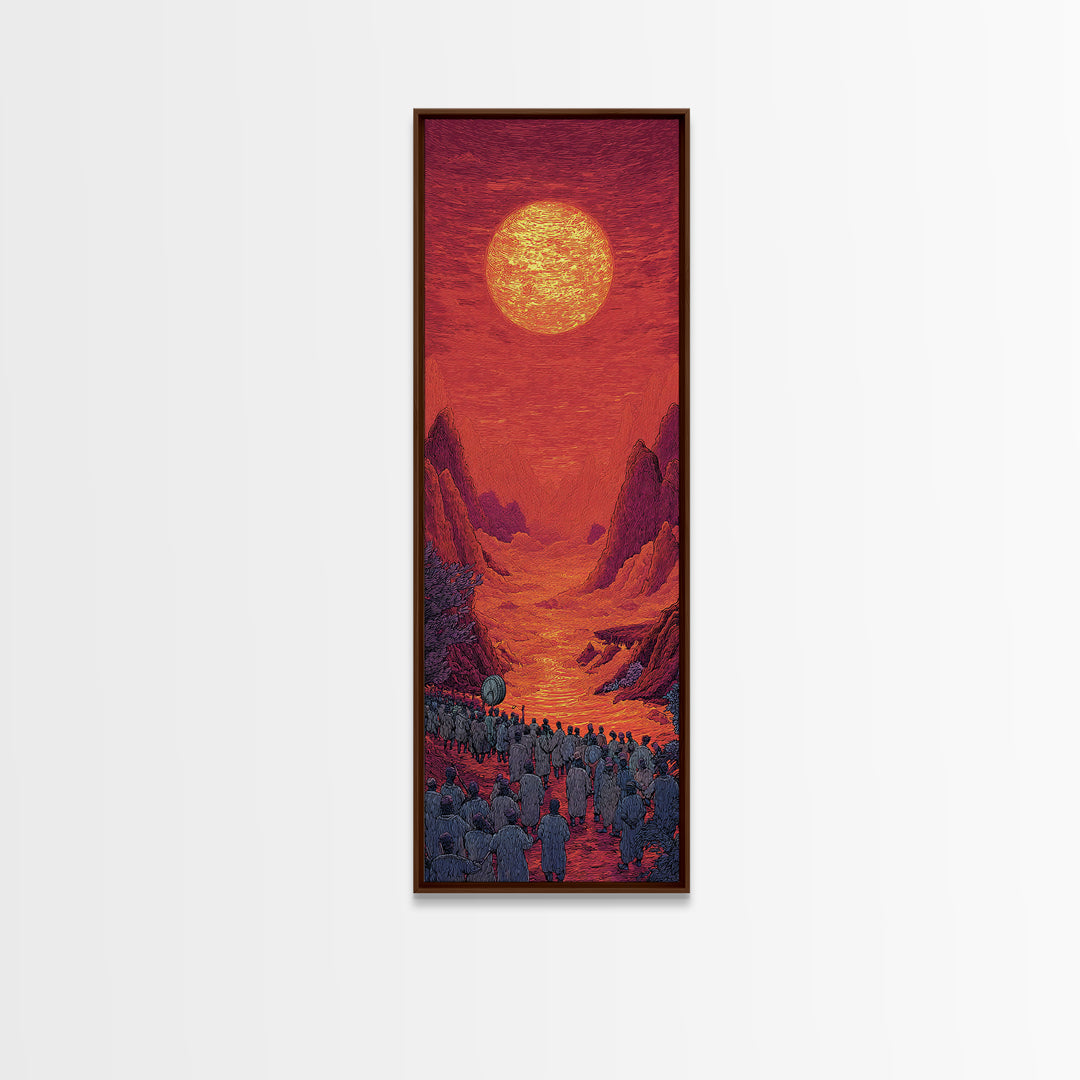 Red Orange Sun Valley Procession Wall Art, African Inspired Landscape Canvas Print, Warm Spiritual Decor For Living Room