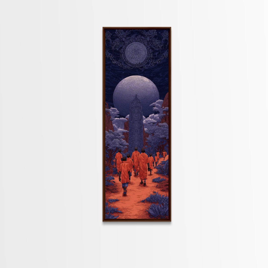 Orange Robed Pilgrims Beneath Twin Moons, African Wall Art, Afrocentric Decor, Mystical Landscape, Cultural Home Decor Gift