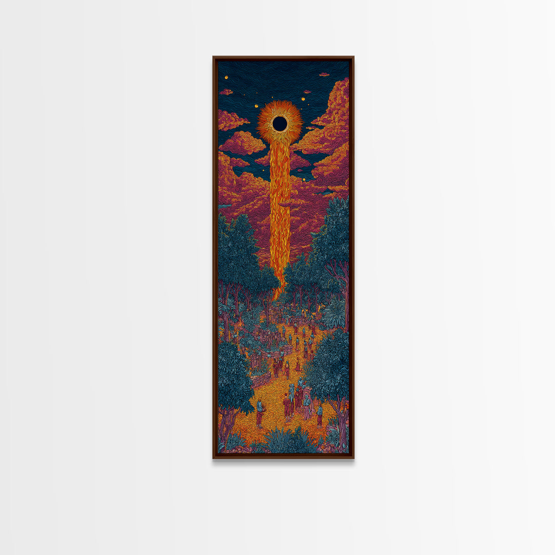 Solar Eclipse Portal Over Neon Forest, Framed Canvas Print, Mystical Wall Art, Afrocentric Decor, Vibrant Statement Piece