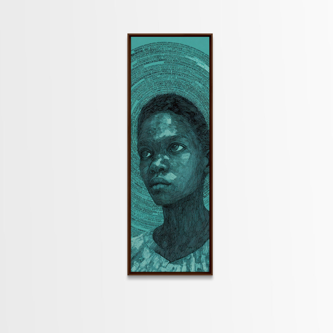 Teal Black Child Portrait With Halo Lines, Wall Art, Black Girl Art, Afrocentric Decor, Feminine Home Decor Gift For Her