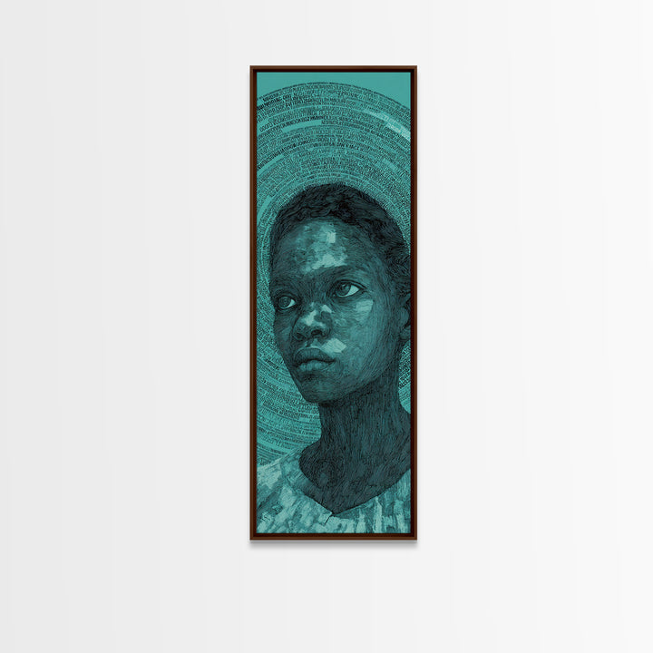 Teal Black Child Portrait With Halo Lines, Wall Art, Black Girl Art, Afrocentric Decor, Feminine Home Decor Gift For Her