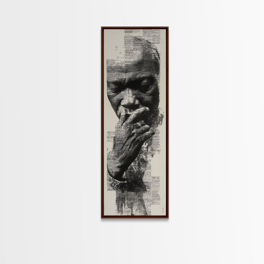 Contemplative Black Man Portrait In Text, Framed Canvas Print, Black Wall Art, Afrocentric Decor, Thoughtful Gift For Him