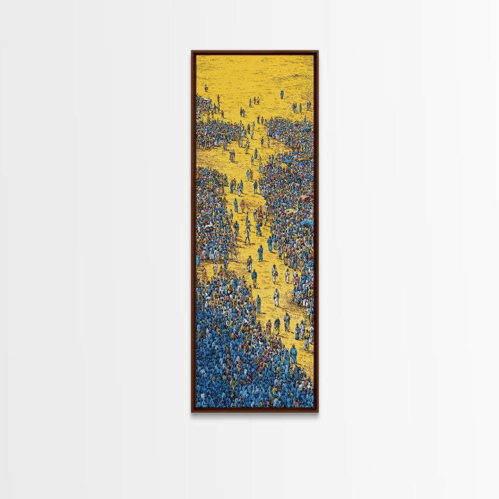 Golden Path Through Blue Crowd Canvas Print, African Celebration Art, Cultural Wall Decor, Bold Tribal Abstract Home Decor