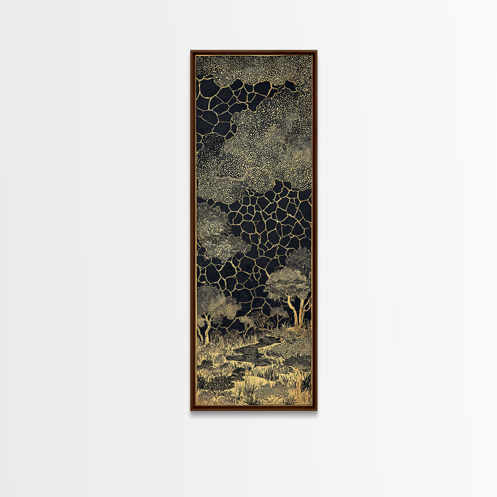 Gold Acacia Trees In Cracked Night Landscape Canvas Print, African Wall Art, Black And Gold Tribal Decor, Luxury Home Accent