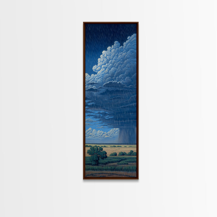 Blue Rainstorm Over African Plains Framed Canvas Print, Dramatic Cloud Wall Art, Nature Scene Decor, Unique Landscape Gift