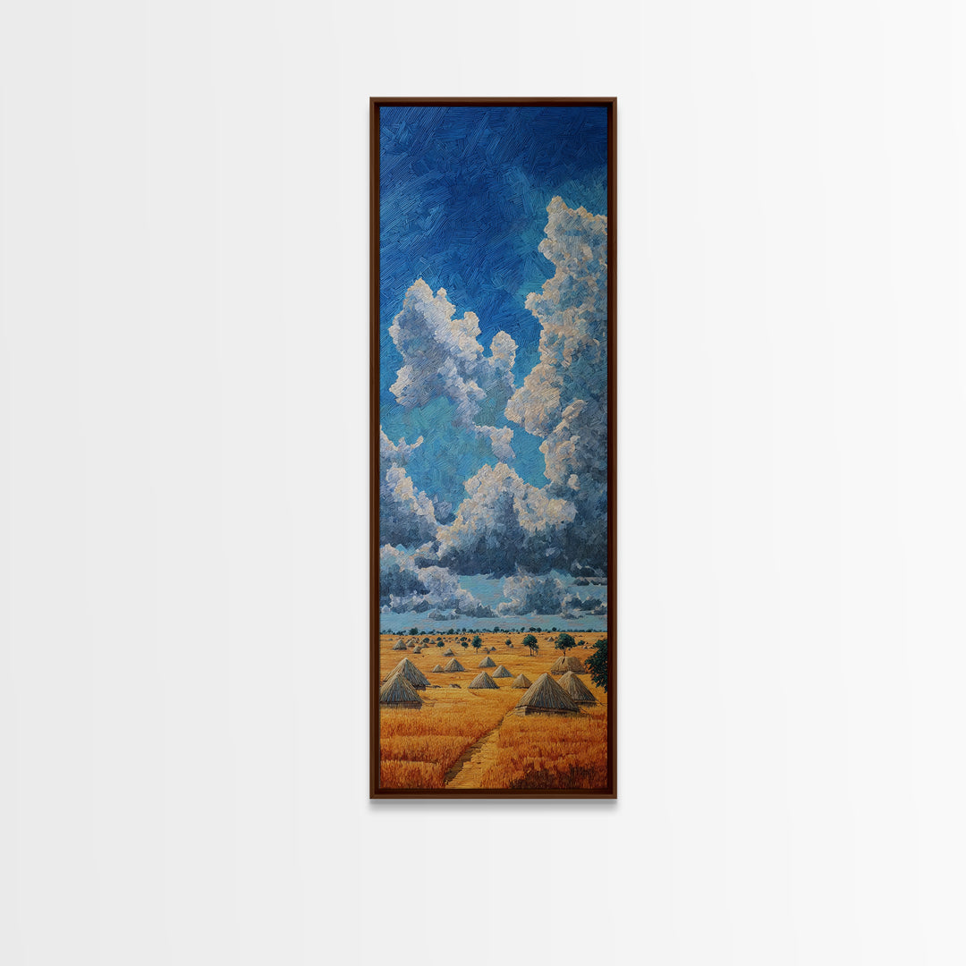 Golden Savanna Huts Under Towering Blue Clouds Canvas Print, African Landscape Wall Decor, Safari Art For Living Room Decor Gift