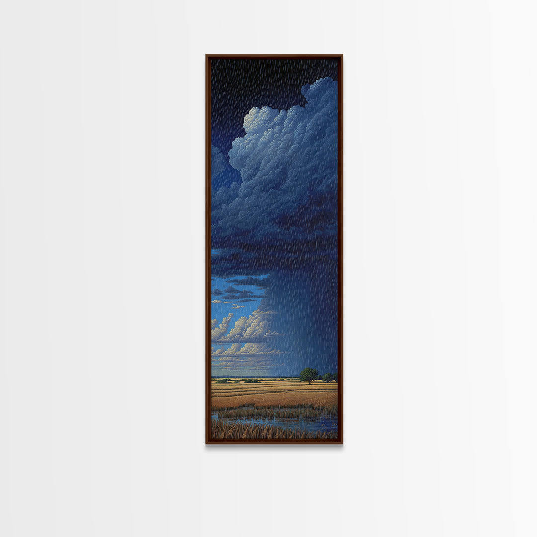 Night Rainstorm Over Wide Golden Plains Wall Art, African Landscape Print, Moody Storm Decor, Blue Safari Canvas Gift For Home