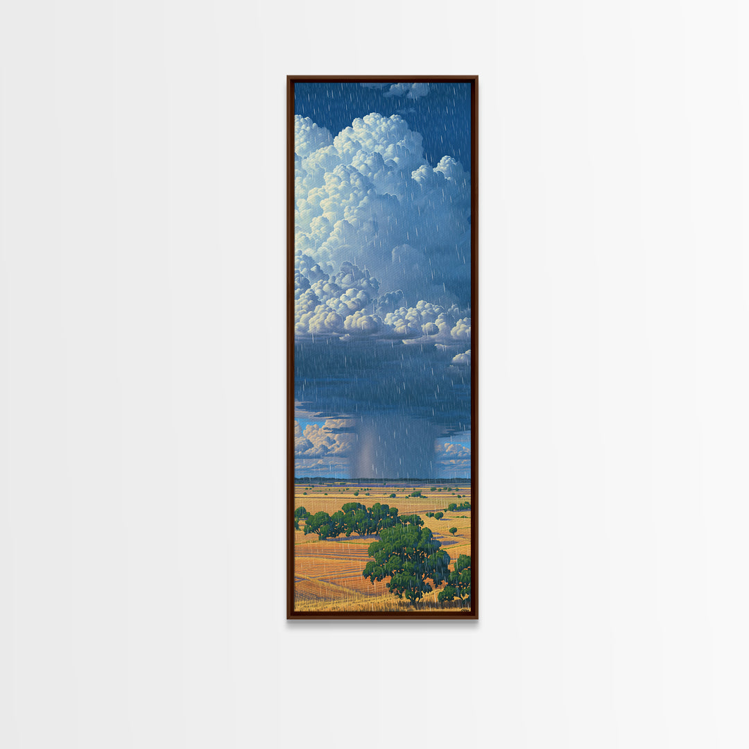 Sunlit Rain Shaft Over African Plains Framed Canvas Print, Blue Sky Landscape Wall Decor, Serengeti Nature Art Gift For Living Room