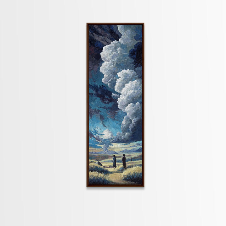 Two Figures Beneath Dramatic Storm Clouds Canvas Print, African Landscape Wall Art, Moody Blue Safari Decor For Home Gift