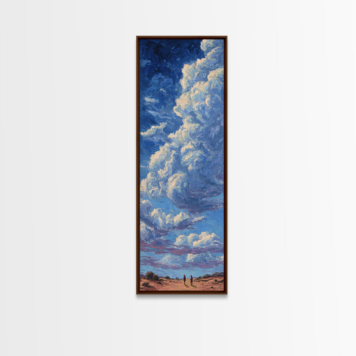 Desert Walkers Under Sculpted Blue Clouds Wall Art, African Landscape Canvas Print, Modern Safari Decor For Living Room Gift