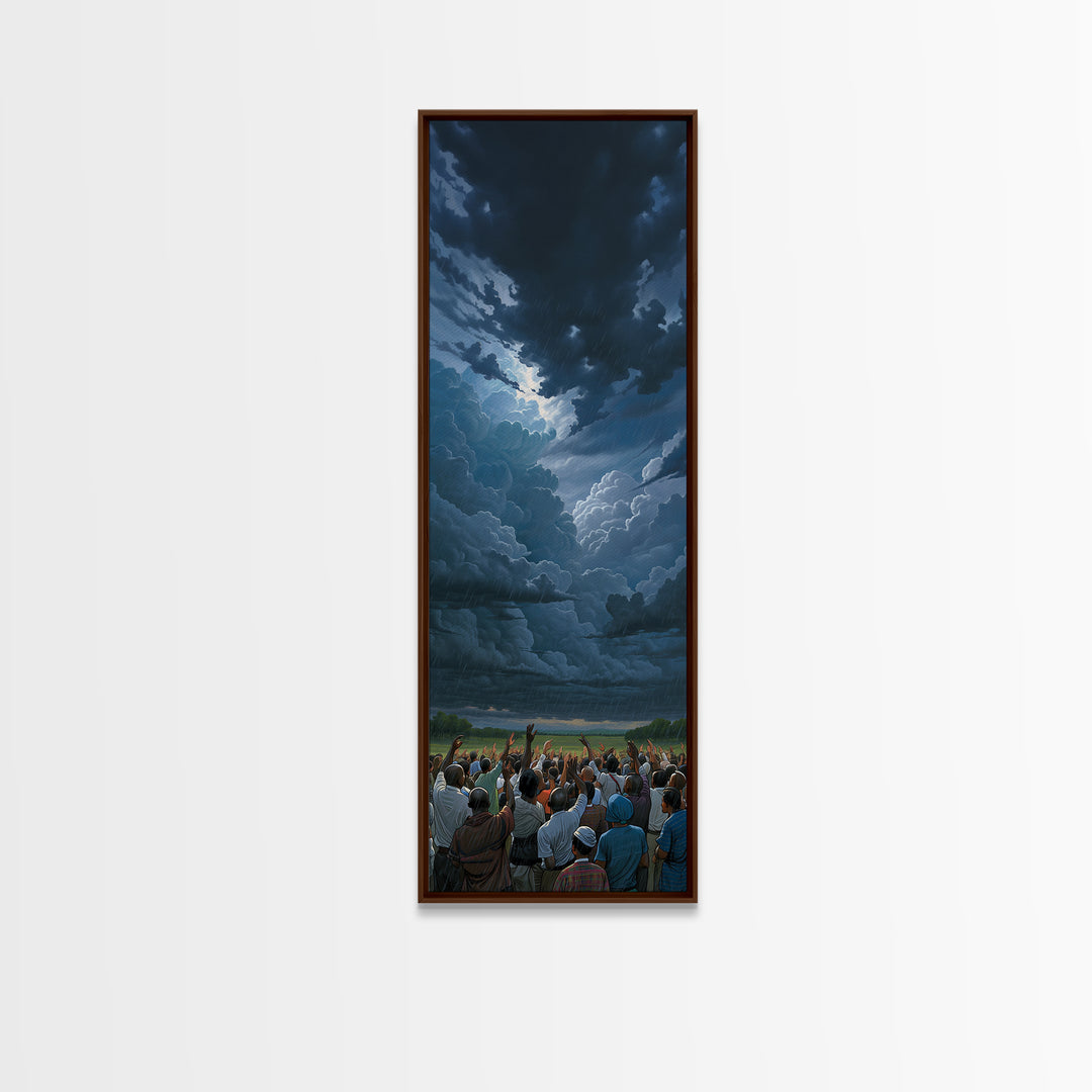 Dramatic Storm Clouds Over African Crowd Wall Art, Afrocentric Landscape Print, Black Culture Decor, Moody Sky Canvas Gift