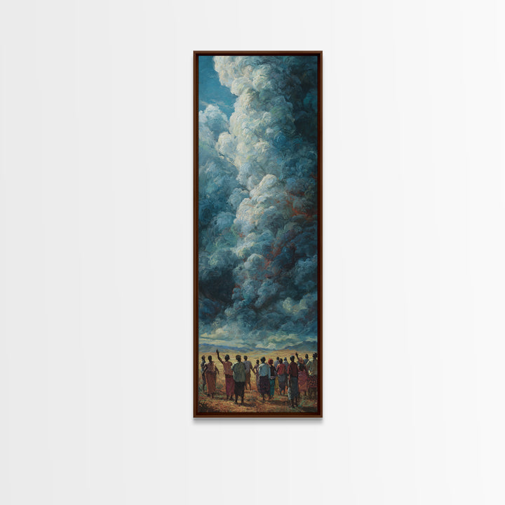 Towering Blue Clouds Above African Gathering Canvas Print, Afrocentric Wall Decor, Dramatic Sky Painting, Cultural Art Gift
