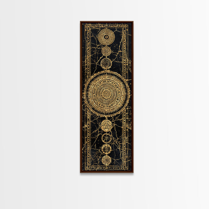 Gold Celestial Mandala Symbols On Black Canvas Print, African Abstract Wall Decor, Tribal Pattern Art, Luxe Mystic Home Gift