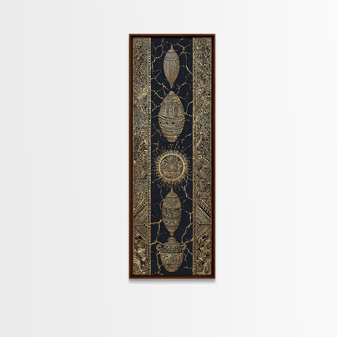 Gold Beetle Talisman And Sun Symbols Framed Canvas Print, African Tribal Decor, Mystic Black Wall Art, Luxe Gift For Unique Home Decor