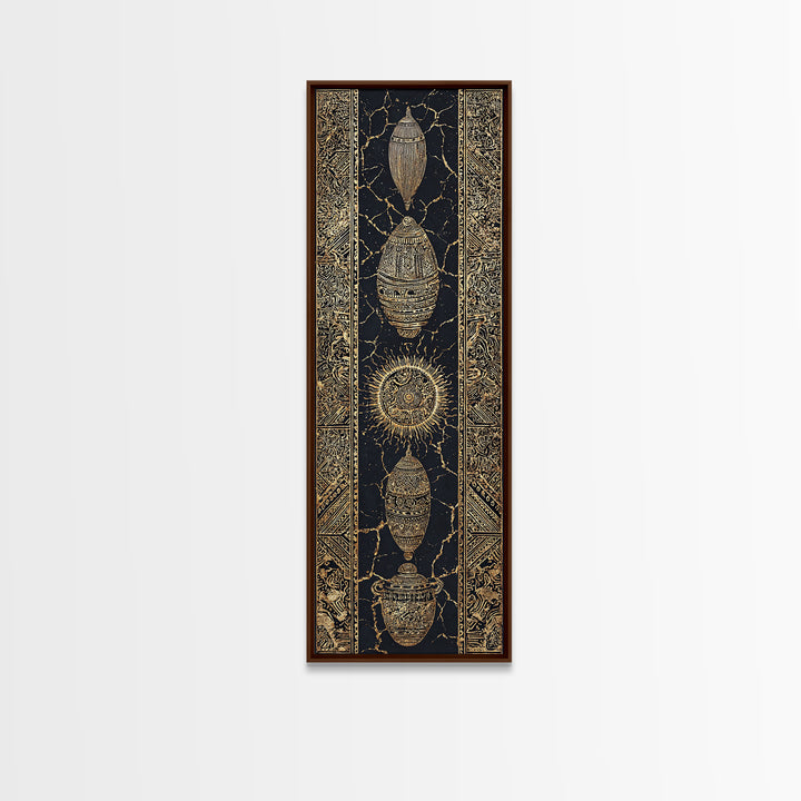 Gold Beetle Talisman And Sun Symbols Framed Canvas Print, African Tribal Decor, Mystic Black Wall Art, Luxe Gift For Unique Home Decor